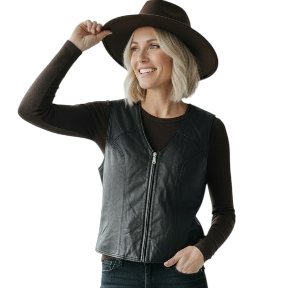 Black Genuine Leather Front Vest Ribbed Knit Back Fall Gorpcore Moto Biker - XL